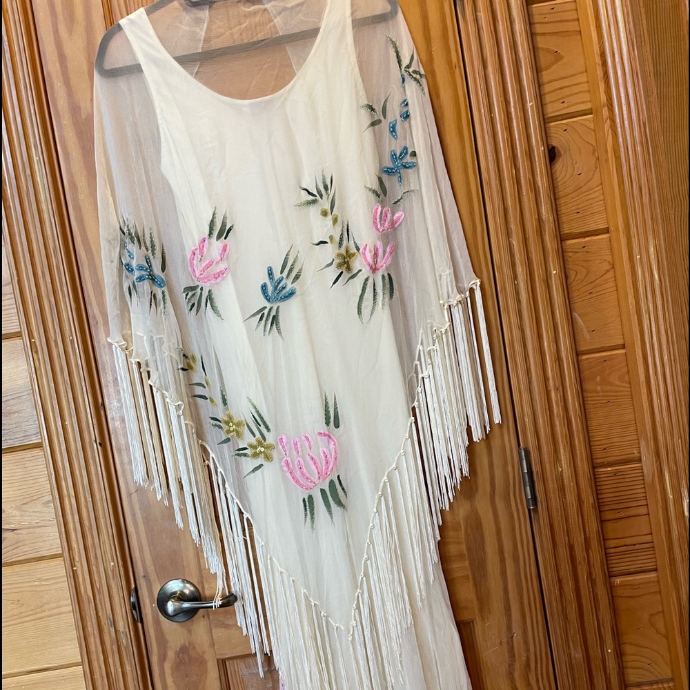 sterling styles dress & shawl ivory one size embroidered beaded floral fringe
